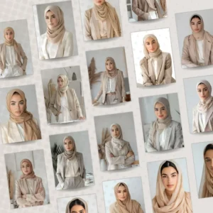 23 High Quality photos featuring gorgeous Hijabi wearing Muslim Business women in beige minimalist suits with clean lines, rocking that casual yet chic style